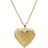 TengRiah Locket Picture Pendant Heart Necklace,Retro Carved Flower Relief Pattern Oval Center Necklace Souvenir Memorial Clavicle Jewelry for Women
