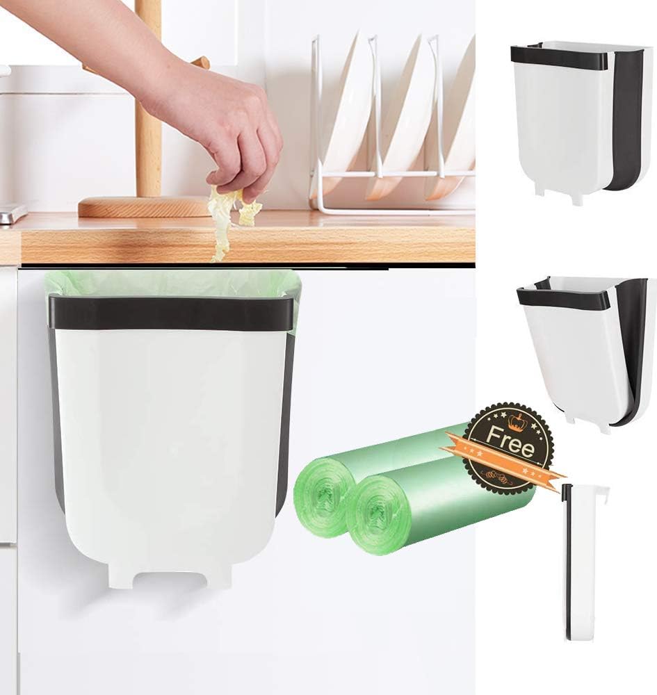Kitchen hanging trash can for Kitchen Cabinet Door 9L/2.4 Gallon Collapsible Foldable Compact Garbage Bins Trash Holder with Trash Bags for Bedroom Office Portable Home & Outdoor Garbage Can (White): Home & Kitchen