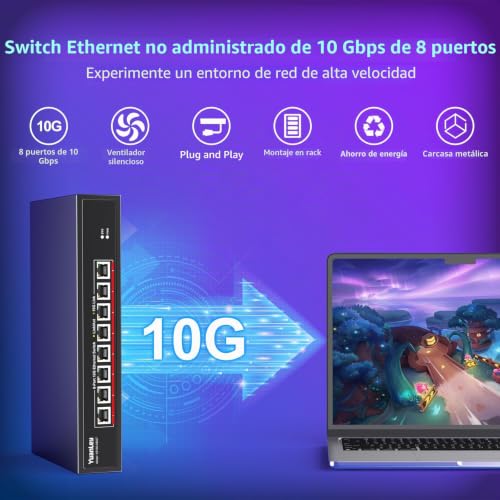 YuanLey 10G Ethernet Switch 8 Port RJ45, Supports 10G/5G/2.5G/1G/100M Automatic Speed Negotiation, 160G Switching Capability, Rackmountable Unmanaged Switch, Plug and Play