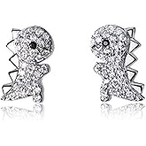 Crystal Dinosaur Stud Earrings for Teen Girls 925 Sterling Silver Pave CZ Small Cute Dragon Animal Studs Post Nickel Free Jewelry Birthday Gifts for Daughter Niece