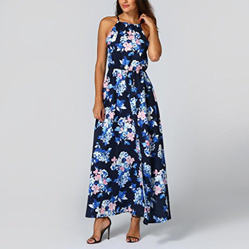 Lightning Deals Maxi Dress Fashion Women O-neck Sleeveless Flower Printed Irregular Loose Long Dress (navy, XL)