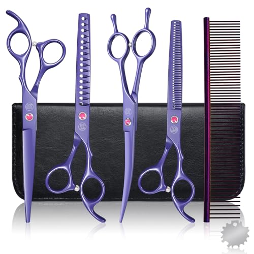 Moontay Professional Dog Grooming Scissors Set, 7"/8" Pet Grooming Scissors, Dog Thinning Scissors with Comb (7", Purple)