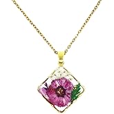 Birth Flower Necklace Gold Pressed Real Flower Pendant Symbol of Caring & Strength Gift for Women, Girls, Teens