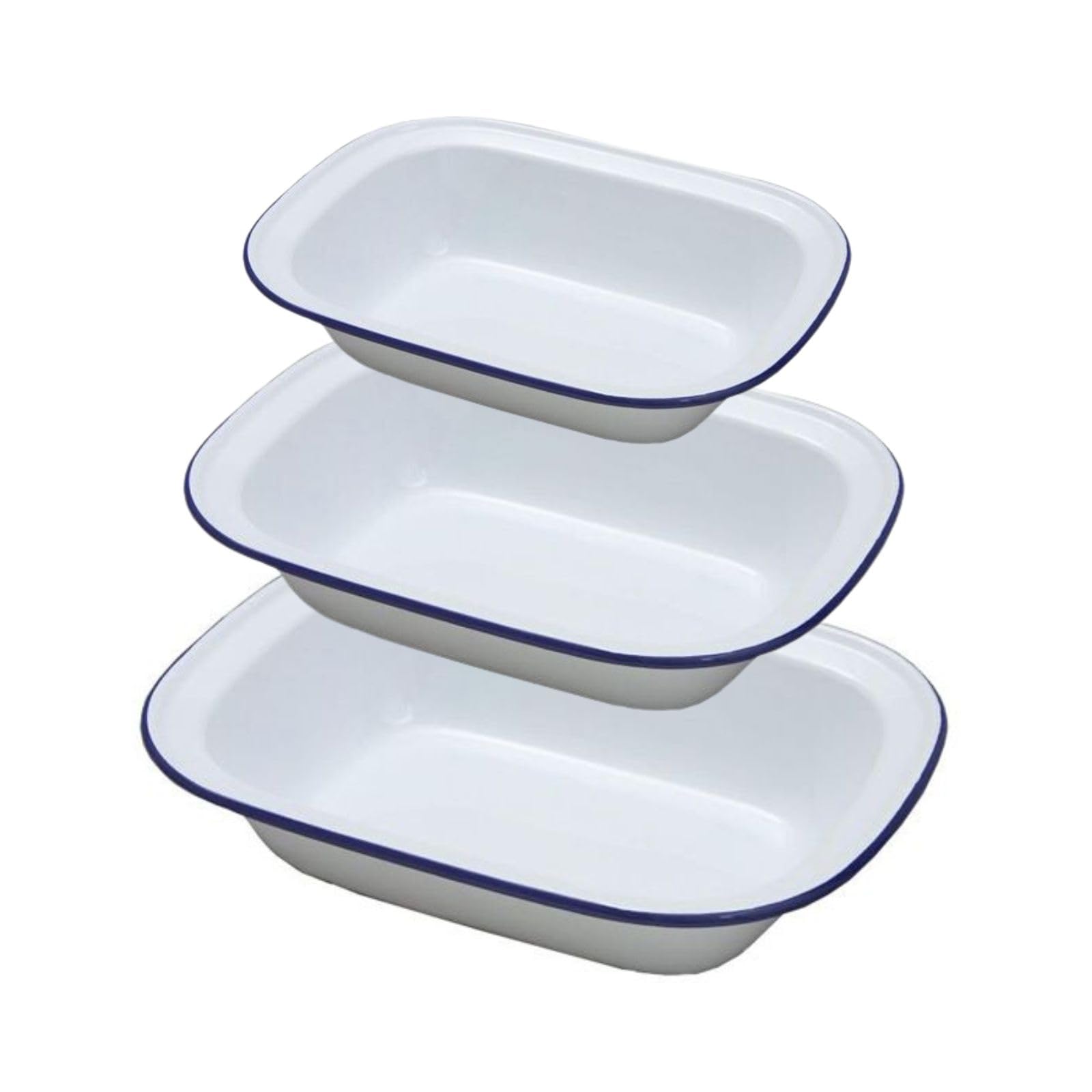 Falcon Enamel Shabby Chic Vintage Style Pie Dish - White with Blue Rim - Set of 3 (Oblong - 16/18/20cm)