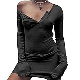 Women One shoulder bodycon long sleeve elastic sexy dresses Winter evening club balck short dress Black M