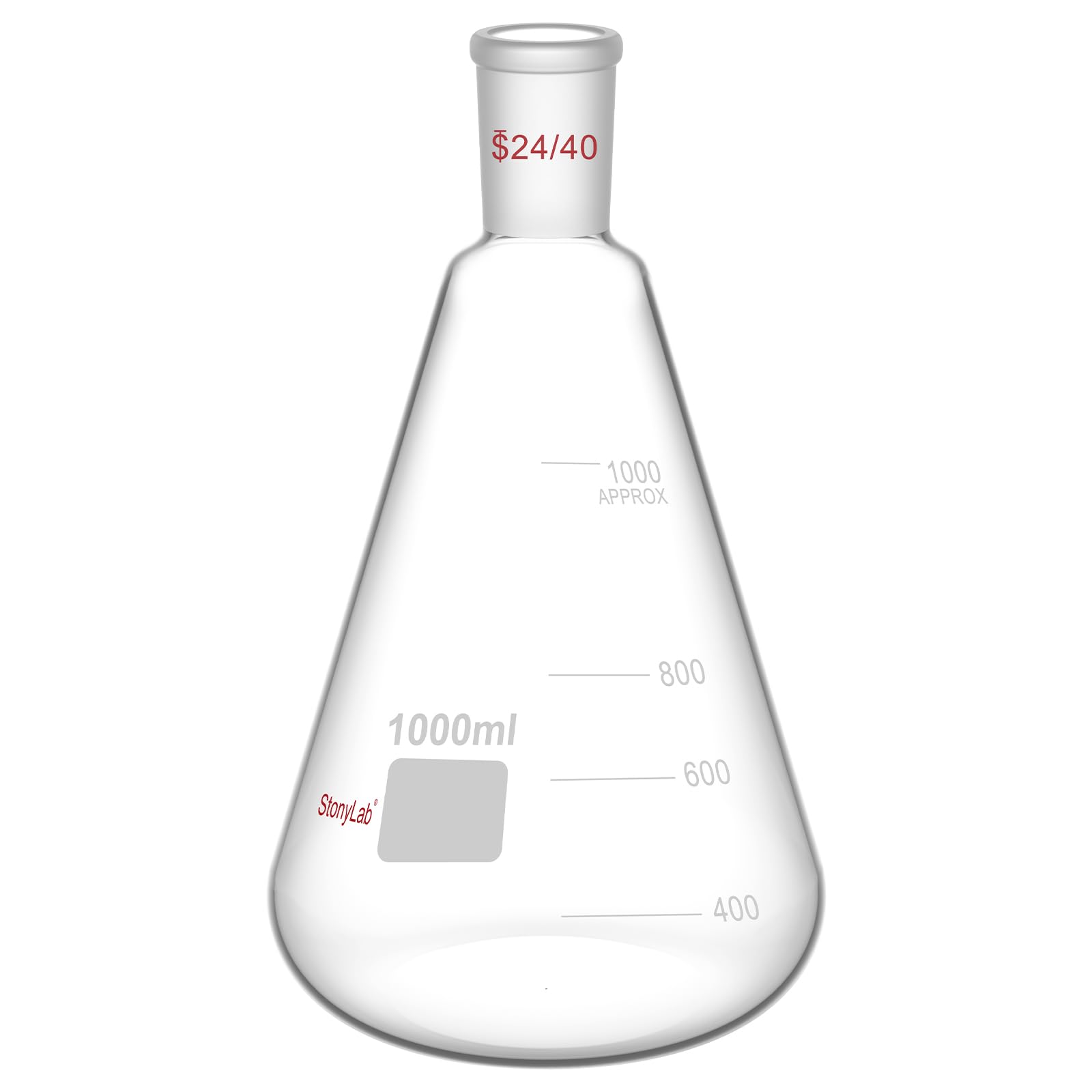 StonyLab Glass 24/40 Erlenmeyer Flask, Borosilicate Glass Heavy Wall Flask with 24/40 Standard Taper Outer Joint - 1L