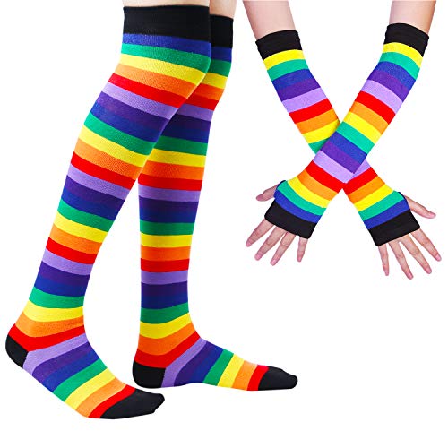 Womens Rainbow Socks Striped Knee High Socks Arm Warmer Fingerless Gloves Set - Thumbnail 5