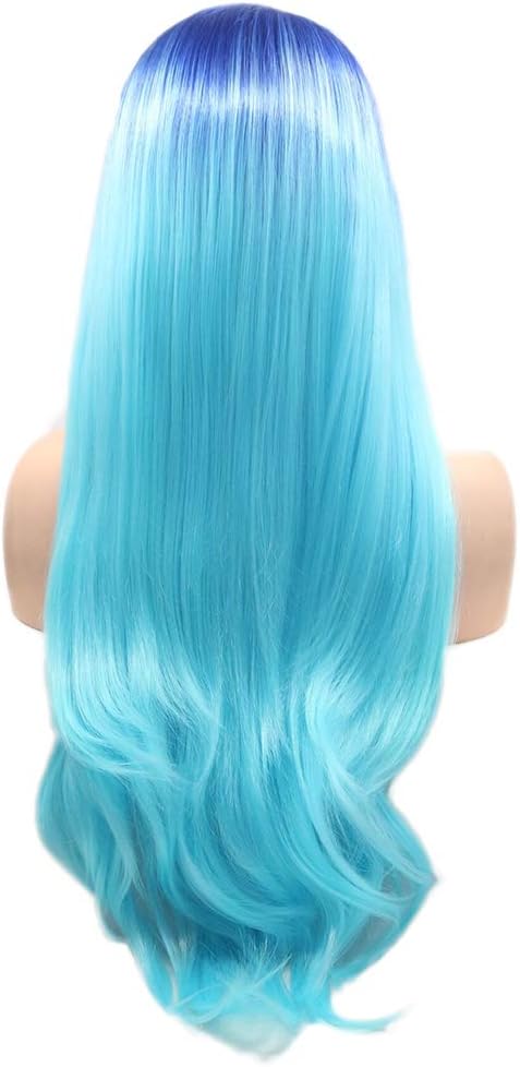 Blue Ombre Wig Realistic Lace Front Wigs for Women Mixed Colorful Long Nature Wavy Synthetic Wig with Baby Hair Glueless Cheap Wig Heat Resistant Fiber Hair Drag Queen Costume Make Up 24inch - Image 5