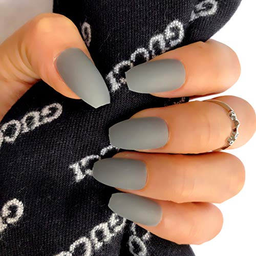 24pcs Pure Color Coffin Nails Matte False Gel Nails Art Tips Sets Full Cover Medium False Nails for Ballerina Cosplay Office Lady (Gray)