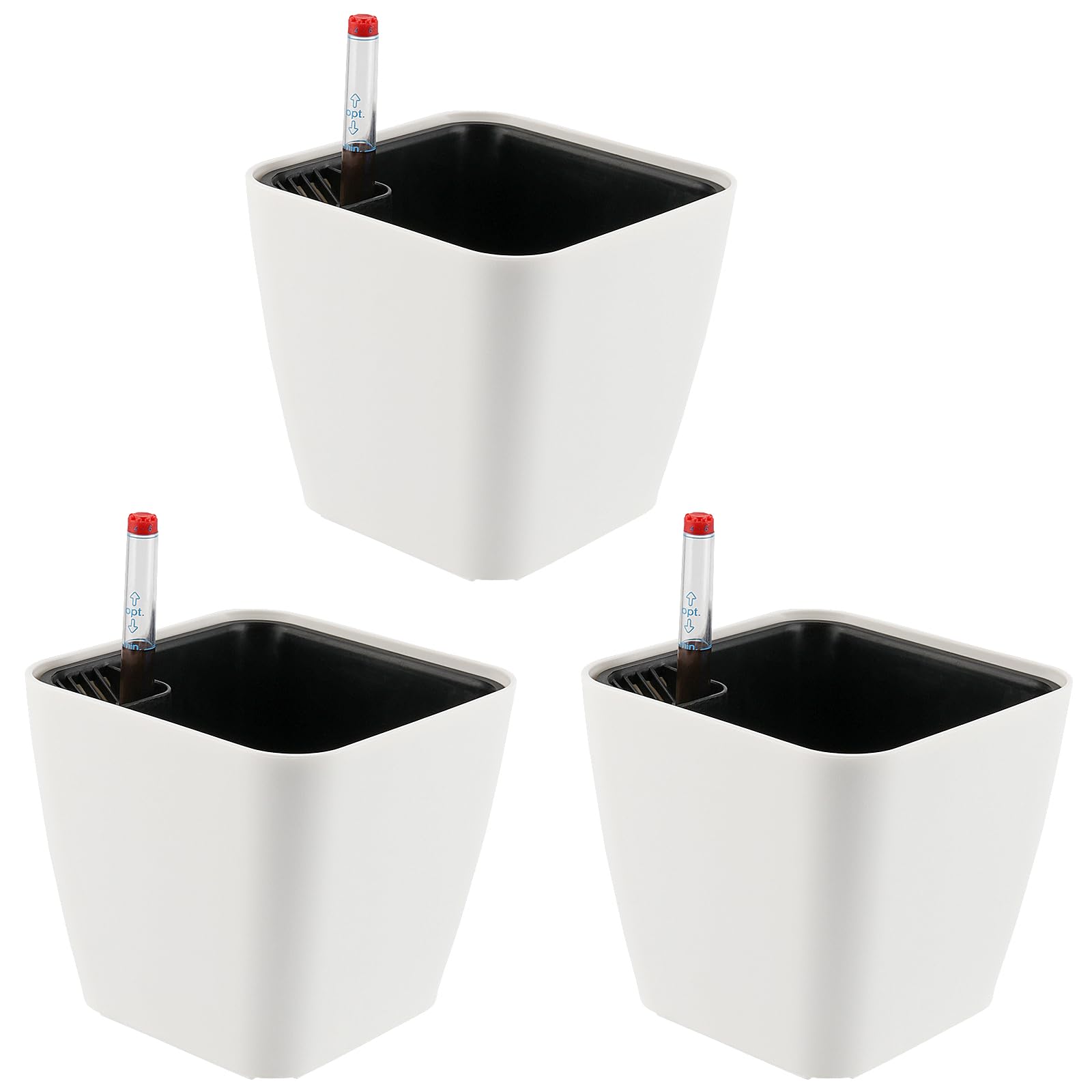 CHEUKYIU Set of 3 14 cm Plastic Self-Watering Flower Pot with Water Indicator Square Self-Watering Pot Herbs Plant Pot Self-Watering for Indoor and Outdoor Use White