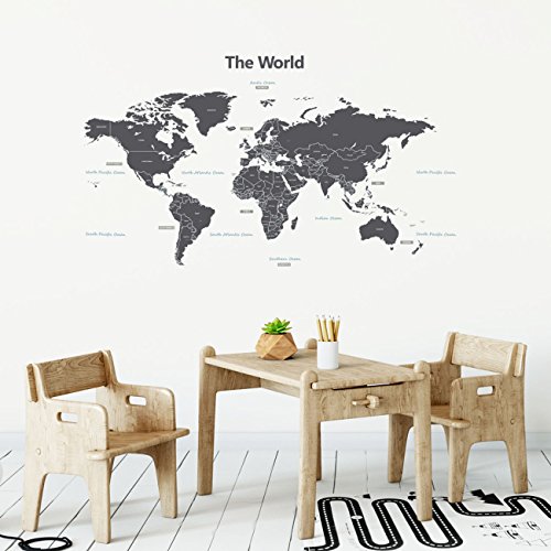 DECOWALL DWL1609GS Modern Grey World Map Kids Wall Stickers Wall