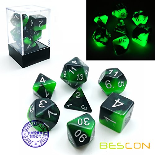 Bescon Two-Tone Glow-in-The-Dark Polyhedral Dice Set Spooky Rocks, Luminous RPG Dice Set d4 d6 d8 d10 d12 d20 d% Brick Box Pack