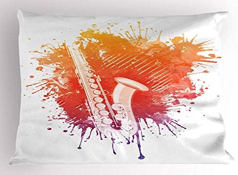 K0k2t0 Music Pillow Sham, Graphic of Jazz Sax on a Colorful Creepy Background Modern Grunge Art Decor, Decorative Standard Queen Size Printed Pillowcase, 30 X 20 inches, Purple Red Orange