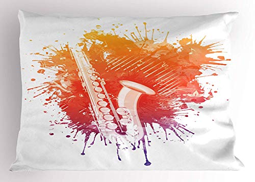 K0k2t0 Music Pillow Sham, Graphic of Jazz Sax on a Colorful Creepy Background Modern Grunge Art Decor, Decorative Standard Queen Size Printed Pillowcase, 30 X 20 inches, Purple Red Orange