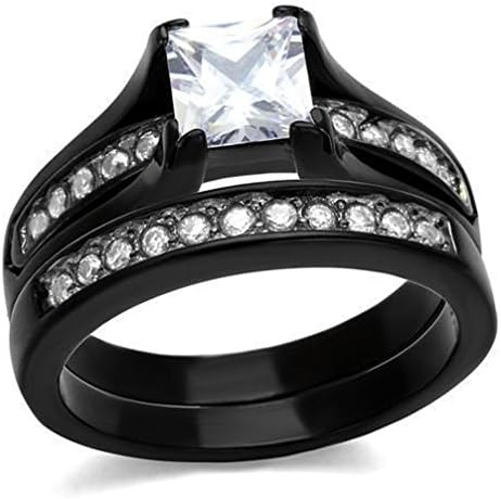 Jewelryfinds His Hers Black Stainless Steel Princess Cz Wedding Engagement 3 Pc Ring Set