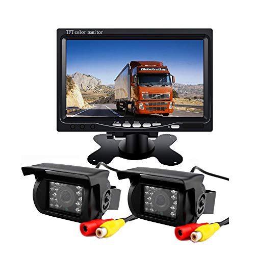 ZhanHongXiang Vehicle Reverse Backup Camera x2,IR Night Vision Car Rear View Mirror Camera Kit 12V/24V + 7 inch Car LCD Rearview Parking Monitor with 10m Video Cable For RV Truck Trailer Bus Camper