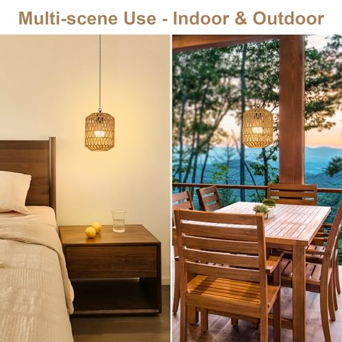 Rayofly 2 Pcs Indoor Rechargeable Hanging Lamp, Boho Hanging Lamp with Battery, Rattan Hanging Lamp without Power Supply, Outdoor Garden Lights with Bulb & Remote Control