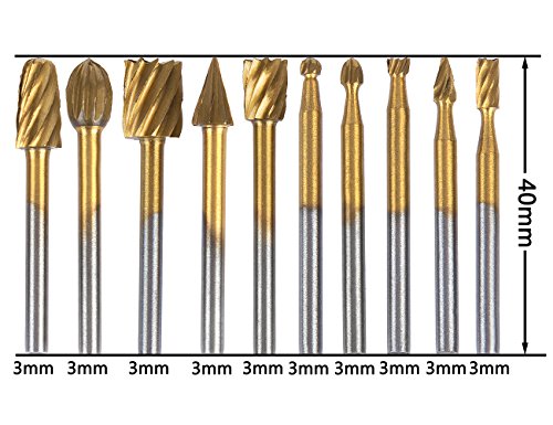 Tonsiki 10pcs Titanium-Coated Rotary Burr Set with 1/8" Shank for DIY Woodworking, Carving, Engraving, Drilling
