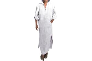YAOHUOLE Men's Long Sleeve Kaftan Side Split Long Gown Thobe Hooded Men Caftan