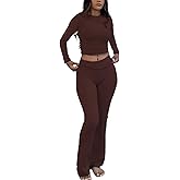 ZFLM Casual Workout Two Piece Outfits Long Sleeve High Waist Fold-Over Flared Leggings Pants Tracksuit Sets Streetwear