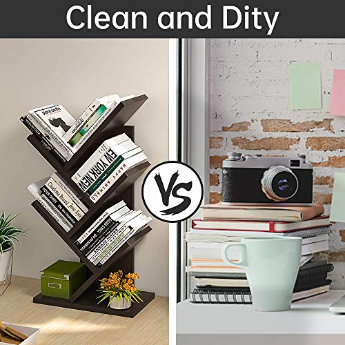 Tree Bookshelf, Bookcase 4 Tier Free Standing Wood Book Rack Display Organizer Shelves Space-Saving Use for CDs /Albums / Books in Living Room Office (Walnut)