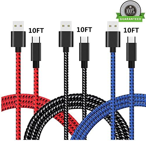 USB Type C Cable, AWOGER 3 Pack 10FT USB C Cable Extra Long Nylon Braided Charger Cord for Samsung Note 8, Galaxy S8, S8 Plus, New MacBook, Nintendo Switch, Google Pixel, LG G5 G6 (Red+Black+Blue)