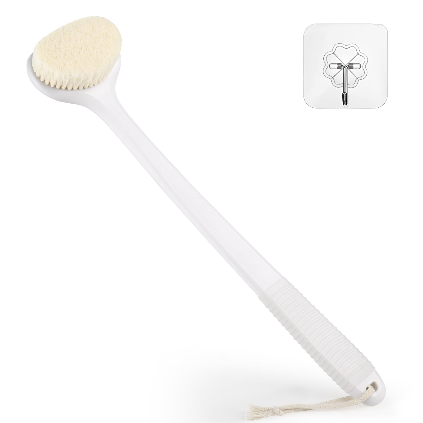 VANZAVANZU Back Scrubber for Shower, Bath Brush with 17-Inch Long Anti-Slip Handle, Wet and Dry Brushing Body Brush for Body Cleansing, Back Brush for Men and Women, White