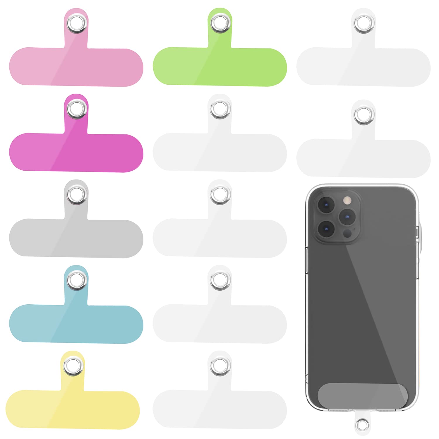 12 Pcs Cell Phone Lanyard Tether Tab with Metal Ring, 7 Colors, Universal Replacement Attachment Cellphone Tether PVC Patches Sticker Pad for Wrist Phone Strap Smartphone Neck Safety Tether, Oval