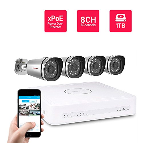 Foscam 8CH xPoE 720P Security CCTV Surveillance System, Simplified Power Over Ethernet NVR KIT, Pre-Installed 1TB HDD, 4 720P HD Outdoor IP66 Waterproof IP Camera, 65FT Night Vision, FN3108XE-B4-1T