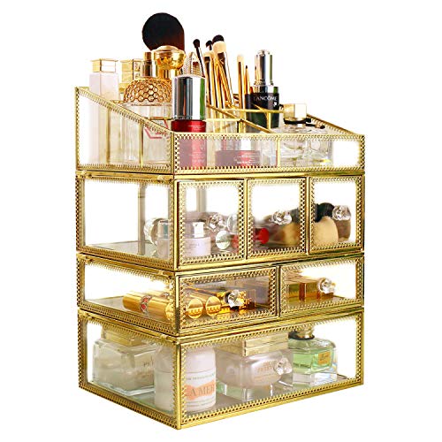 Antique Spacious Makeup Organizer Mirror Glass Drawers Set/ Brass Metal