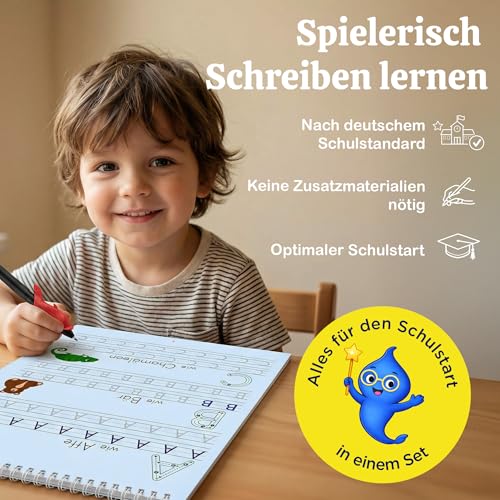 Magic Preschool Exercise Books from 5 for Boys and Girls - Playful Letters, Words & Numbers Learn to Write with Magic Ink & Ruts - 4 Preschool Books with Pen