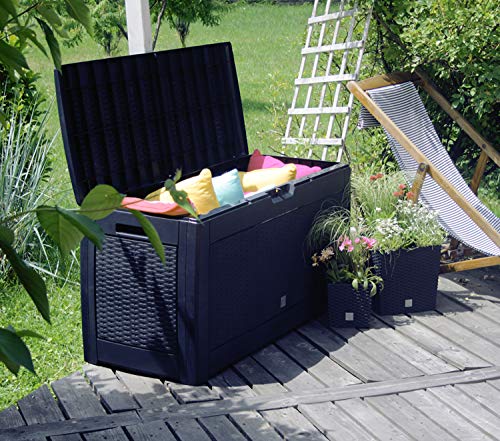 Mojawo XXL Kunststoff Auflagenbox Anthrazit Kissenbox Gartenbox auf Rollen Rattan-Optik für Polsterauflagen Kunststoff… – Bild 3