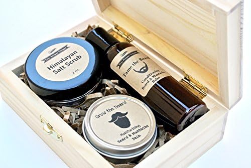 Men's Grooming Set in Wood Gift Box with Beard & Mustache Oil, Exfoliating Scrub
