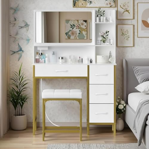 Tocador,Vanity tocador grande con 4 cajones en cuero blancos,Tocadors Vanity con Espejo , Con toma de corriente,con 1 cuero taburete tapizado, Ideal para Recámara, Sala de Estar, Vestidor 90x40x133CM