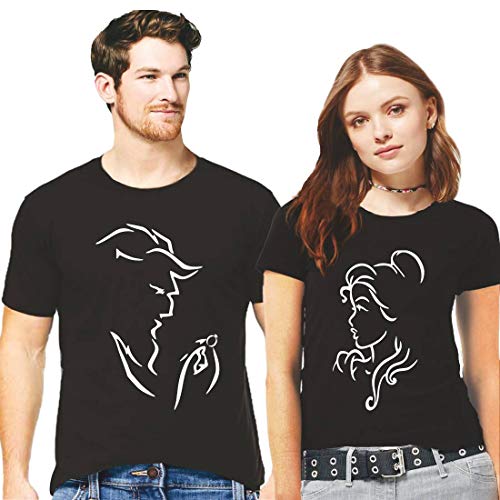 Hangout Hub HH106 Couple Men's & Women's Cotton Printed Regular Fit T-Shirts (Pack of 2) - Beauty Beast Ring