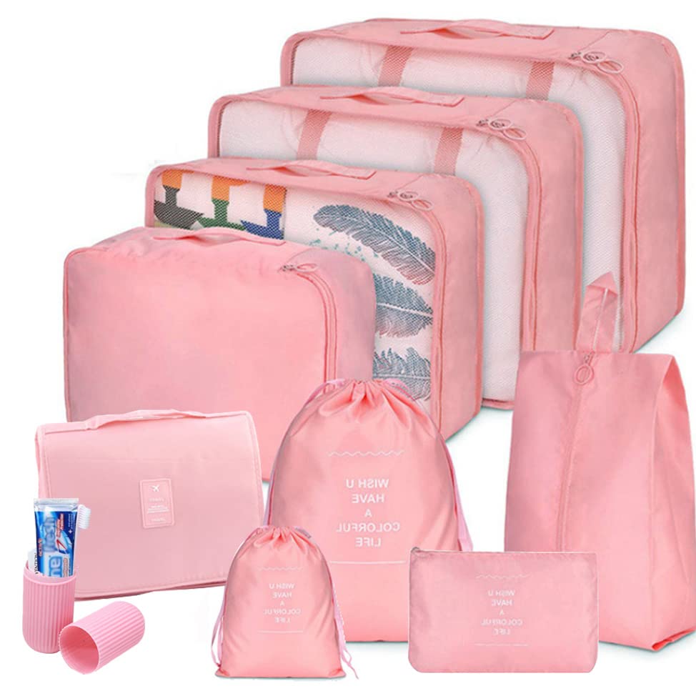Toifucos 10pcs/Set Pink Travel Packing Cubes, Waterproof, Durable, Mesh Top, Compression, Suitcase Bag, Travel Essential Bag