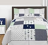 Navy Blue, Mint and Grey Woodsy Deer Girls 3 Piece Full / Queen Bedding Set