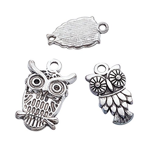 Beadthoven 50pcs Tibetan Style Alloy Owl Pendants, Vintage Owl Charms for Halloween Jewelry Charms, Mixed Shapes,Hole: 1~2mm (Antique Silver)