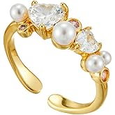 Kokoma Elegant Gold Crystal Pearl Ring for Women Cubic Zirconia Heart Open Statement Ring Stacking Rings Wedding Promise Engagement Rings Band