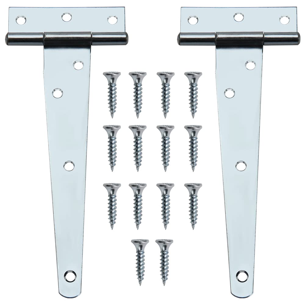 YIXISI 6 Inch T-Strap Hinge (2 Pack) With 14 Screws for Wooden Door, Gate, Windows, Fence, Sheds and Barn - Metal Strap (Silver)