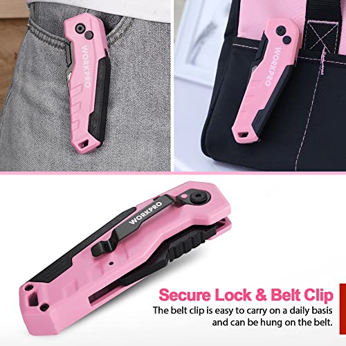 WORKPRO Folding Utility Knife, Quick Change Box Cutter, Razor Knife for Cartons, Cardboard, Boxes, Blade Storage in Handle, 13 Extra Blades Included (Pink)