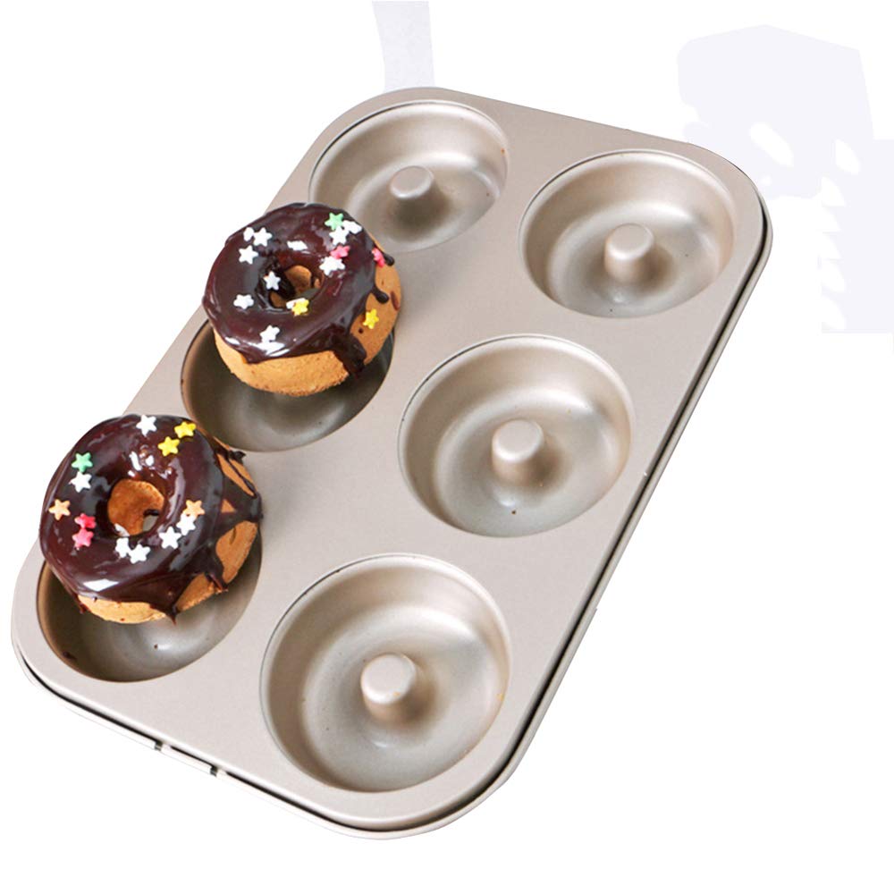 MZCH 6-Cavity Non-stick Donut Pan, Heavy-duty Carbon Steel Mini Donut Makers, FDA Approved, 11 by 7 inches, Round, Champagne Gold