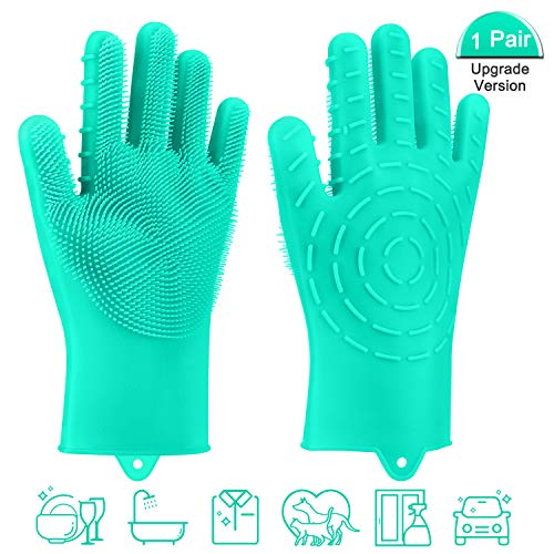 Pccooler Dishwashing Scrub Gloves | 2019 Upgrade Version 2-Sided Multi-Function Cleaning Gloves, Reusable Silicone Sponge Dish Scrubber for Kitchen, Bathroom, Car Wash, Household, Pet Hair