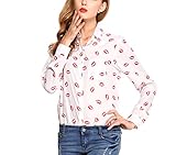 Promithi Womens Long Sleeve Lip Printing Lapel Chiffon Shirt Bottom Shirt
