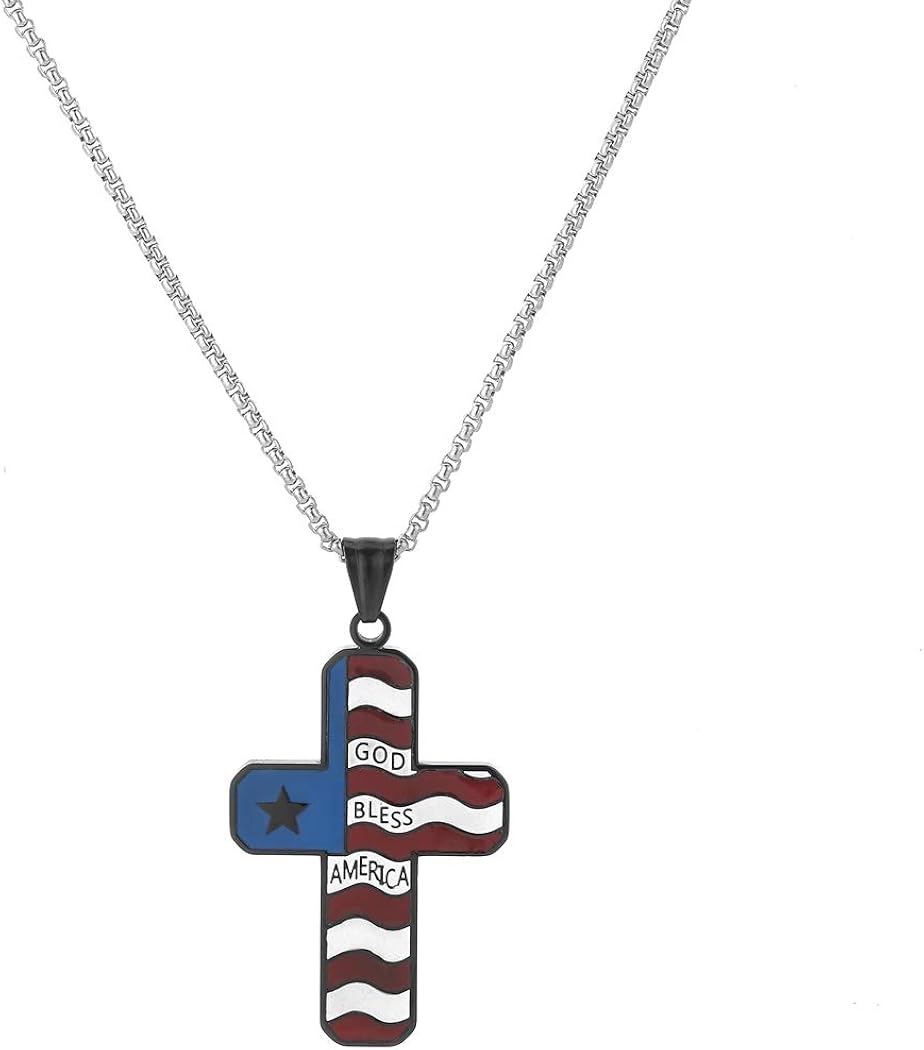God Bless America American Flag Cross Necklace Jewelry Christian