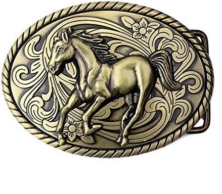 Novelty Vintage Bronze Running Horse Tangcaowen Floral Totem Belt Buckle Cowboy