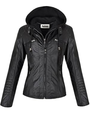 Women's Hooded Faux Leather Motorcyle Jacket Detachable Full Zipper Outerwear