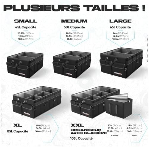 Organiseur de coffre de voiture, pliable, plusieurs compartiments, rangement pliable pour accessoires de voiture, fond antidérapant, sangles de sécurité, couvercle souple, 50 L (Noir, Standard)
