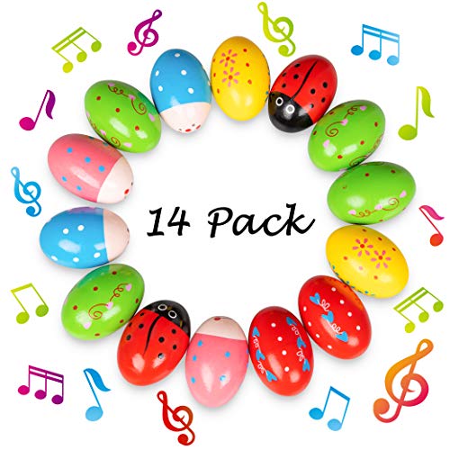 Geefuun 14 Pack Easter Wooden Eggs Shakers Decorations Percussion Musical Maracas Craft for Kids/Toddlers Hunt Game Gifts Basket Stuffers Fillers Decor