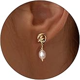 PRTGL Pearl Earrings: 14k Gold-plated Dainty Pearl Drop Dangle Huggie Hoop Earrings for Women